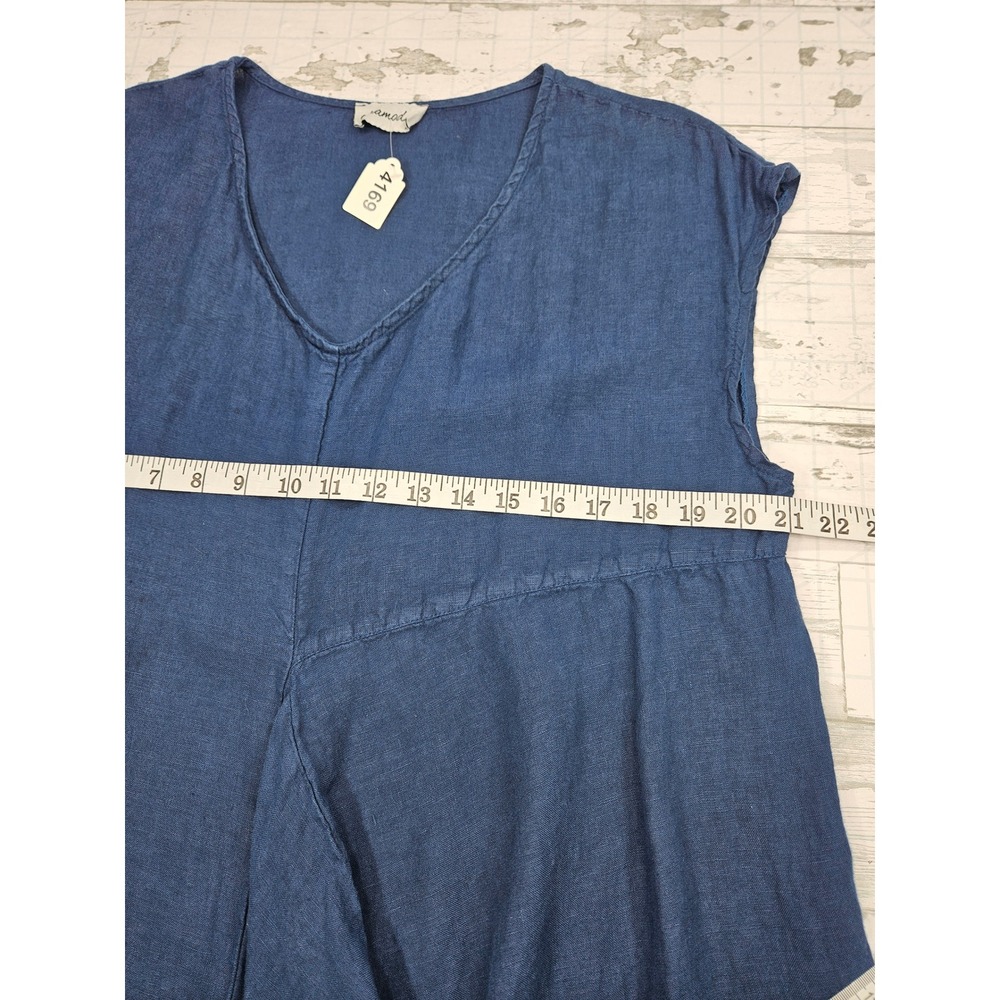 Ellamoda Navy Blue 100% Linen V-Neck Sleeveless Draped Bubble Midi Dress Medium - Picture 4 of 7